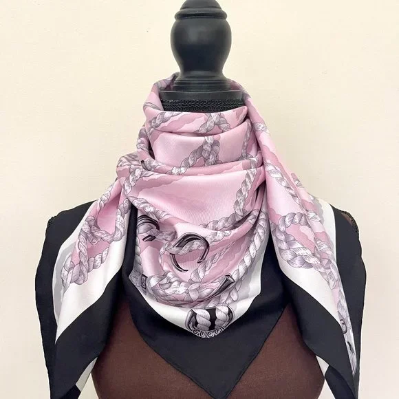 New Gucci Silk Scarf Pink Ropes Print Black Border Silk Wrap Scarf - Picture 10 of 15
